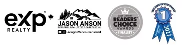 Logos signifying Jason Anson's accolades: eXp Realty, 2023's #1 Best Real Estate Agent by Cowichan Valley Citizen, and Times Colonist Readers' Choice Awards finalist.
